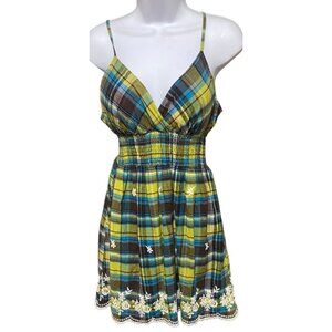 She's Cool Sundress L Short Babydoll Mini Plaid Embroidered Y2K Fairy Boho Fest